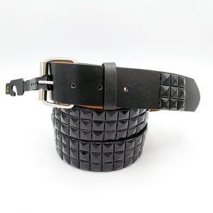 New All Black Studded Leather Belt Unisex 3-Rows Metal Pyramid Size Extra Large